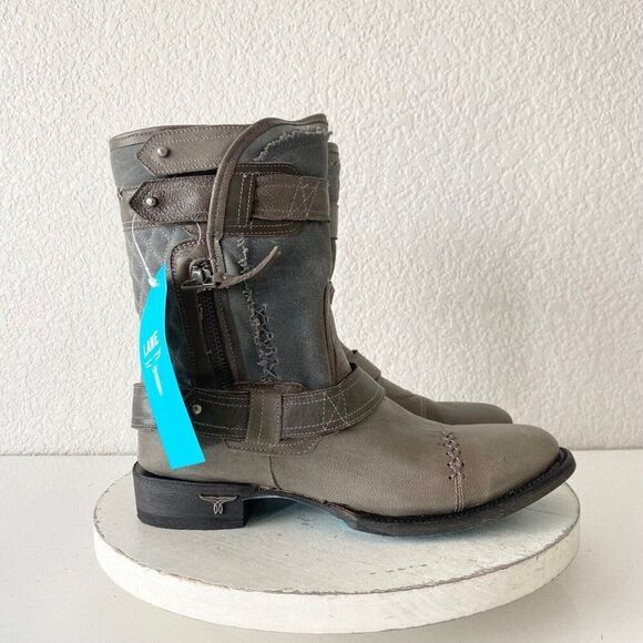 Lane Boots Womens Gray Leather Canvas Mid-Calf Western Moto Style Zip Size 7.5 - Picture 2 of 11
